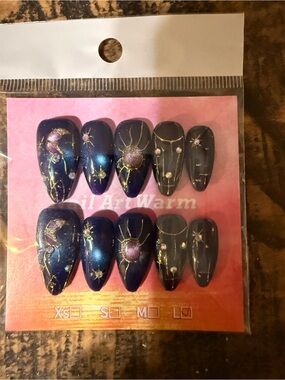 Galaxy Night Press-On Nails - Deep Navy with Gold & Pink Accents
